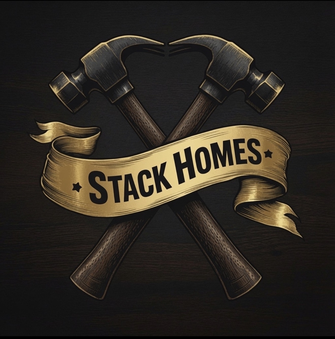 Two crossed hammers with a ribbon reading 'Stack Homes'.